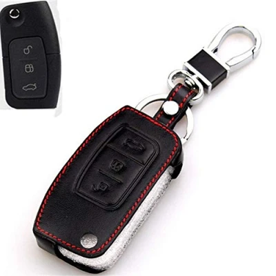 Image de Happyit Cas de Couverture Clé Voiture en Cuir Porte clés pour Ford New Fiesta Ecosport Focus 2 MK2 2012 2018 3 Boutons Télécommande (Noir)