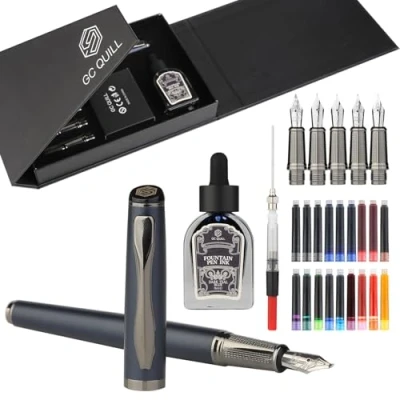 Image de GC QUILL MU 25 Ensemble de stylos plume calligraphie comprenant 5 plumes, flacon d&#039;encre, convertisseur recharge d&#039;encre et 18 cartouches cadeau pour écrire, journal,