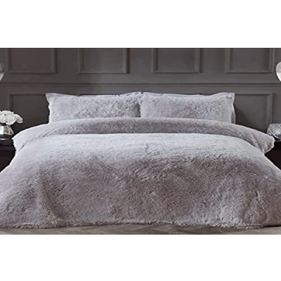Image de Sleepdown Parure de lit en Polaire Luxe à Poils Longs Fausse Fourrure, Super Douce, Facile d&#039;entretien, avec Housse Couette et taies d&#039;oreiller, pour King Size (220 x 230 cm) Argenté
