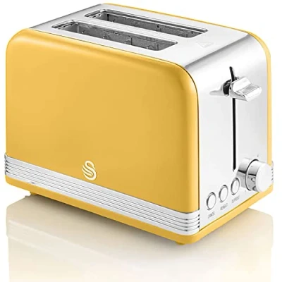 Image de Swan Retro ST19010YELNEU Grille pain Large Fente 2 Tranches, Design Vintage, 3 Fonctions : Dégivrage, Réchauffement, Annulation, Régulateur 6 Niveaux de Torréfaction, Acier Inox, Jaune, 815W