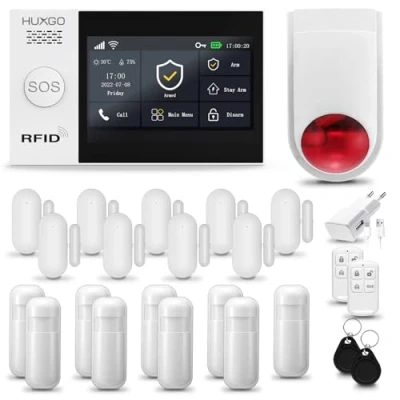 Image de Systeme d&#039;alarme Maison WiFi + GSM, HUXGO HXA007 Sirène sans Fil, 9X détecteur de Mouvement, capteur Porte/fenêtre, TUYA