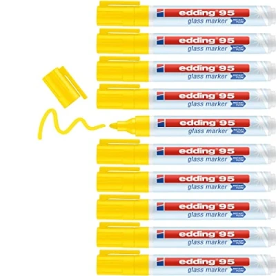 Image de edding 95 marqueur pour verre jaune 10 stylos pointe ronde 1,5 3 mm marqueurs effaçables vitres marquer des surfaces en (vitres, tableaux,tableau blancs) à sec
