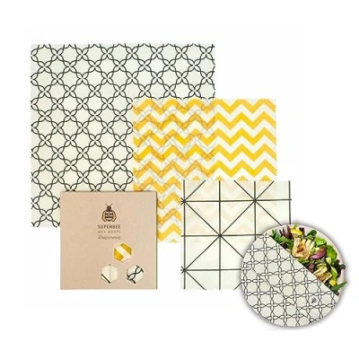 Image de SUPERBEE Emballage et Couvre Plat Reutilisable en Cire d&#039;Abeille, Lot de 3 Alimentaire Réutilisable Zero Dechet Aliments, Couvercle Bols, Charlotte Reutilisable, Tailles S/M/L