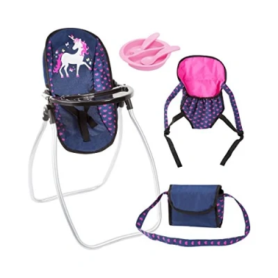 Image de Bayer Design 63654AB Vario Set 9 en 1 avec une poche, un porte outil, assiette couvert, chaise haute, accessoires pour poupée, bleu rose licorne