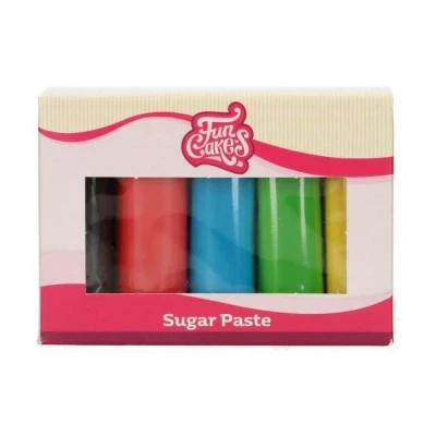 Image de FunCakes Multipack de fondant Facile à utiliser, lisse, flexible, doux et souple, parfait pour la décoration gâteaux, sans halal, casher gluten. 5 couleurs, x 100 g, couleurs essentielles