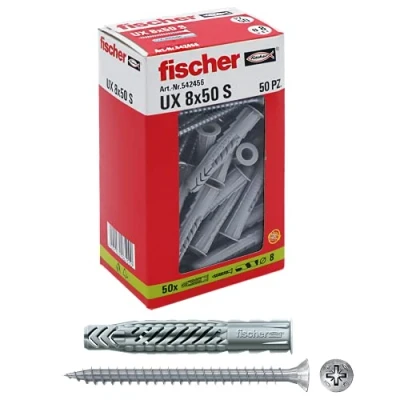 Image de Fischer 50 chevilles UX avec vis, 8 x mm pour mur plein, brique perforée, cloison sèche, gris
