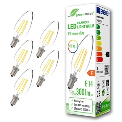 Image de 5x greenandco® IRC 90+ Ampoule à Filament LED E14 3W (équivalent 28W) 300lm 2700K (blanc chaud) 360 230V Verre, aucun scintillement, non gradable