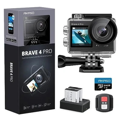 Image de AKASO Brave 4 Pro Action Cam 4K 40M Con Scheda di Memoria U3 da 64GB, Videocamera 20MP WiFi 170 Grandangolare Doppio Schermo EIS Stabilizzazione, Touch Screen, 5X Zoom