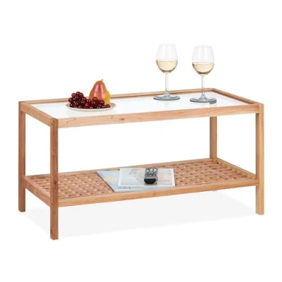 Image de Relaxdays Table d&#039;appoint, Console en Bois de Noyer et Verre, H x L P : 40 80 cm, pour Salon, Nature
