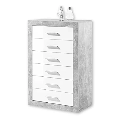 Image de Stella Trading STONE Commode à tiroirs aspect béton, blanc brillant Armoire moderne avec beaucoup d&#039;espace de rangement pour votre salon 66 x 102 37 cm (L/H/P)