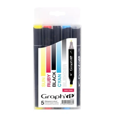 Image de GRAPH’IT Marker Set de 5 marqueurs à alcool double pointe pour dessin manga et illustration, fine biseautée Basic Tones