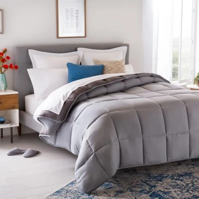 Image de Linenspa Couette 4 saisons en microfibre Ultra doux, 155x220 cm, 1 personne, Couverture Gris / Charbon