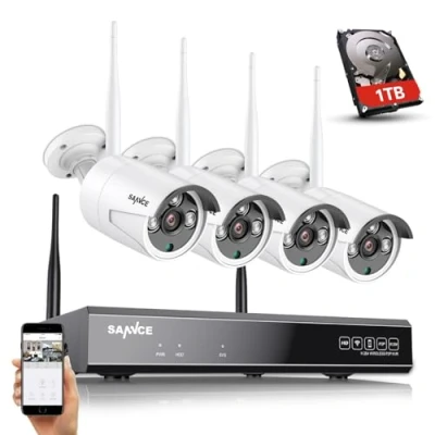 Image de SANNCE Système de Caméra Surveillance sans Fil 8CH 5MP WLAN NVR avec 1 to, 4 x 3MP IP extérieure, Détection Personne, 30 Mètres Vision Nocturne Audio