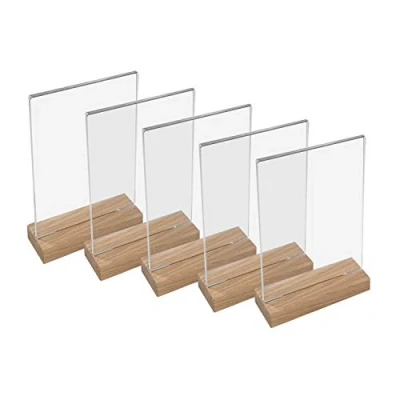 Image de HMF 46944 Présentoir de Table Acrylique avec Base en Bois 5 Pièces DIN A4 Format Portrait Transparent