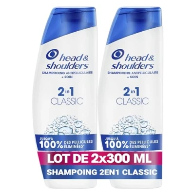 Image de Head &amp; Shoulders Classic 2 en 1 Shampoing Antipelliculaire 2x300ml; Jusqu&#039;à 100% des Pellicules Éliminées, Cliniquement Prouvé; Tous Types de Cheveux; Usage Quotidien; Rafraîchissant