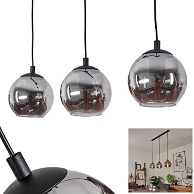 Image de Suspension Sernf, lampe à suspendre en métal/verre noir/fumée dans un design vintage, avec abat jour verre véritable (Ø 16,5 cm), hauteur max. 111 cm, 3 x E27, sans ampoules