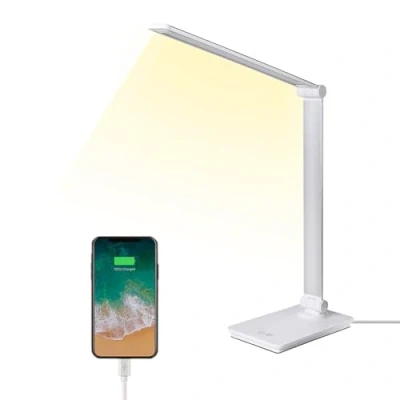 Image de ELITUN Lampe De Bureau Led, 3 Niveaux Luminosité 5 Modes Couleur, Lecture Contrôle Tactile Protection Des Yeux Dimmable Pliable Chevet Avec Port Usb Blanc