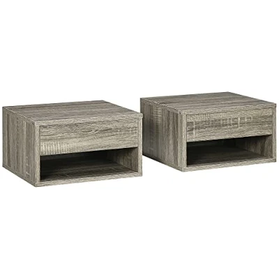 Image de HOMCOM Lot de 2 Tables Chevet murales Table Nuit tiroir Coulissant, Niche, Plateau en Bois dim. 37L x 32l 21H cm Gris