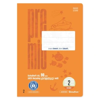 Image de Staufen premio Cahier d&#039;apprentissage de l&#039;écriture, 10 cahiers 16 feuilles chacun, format DIN A5, linéature 2 (ligné 4/4/4 mm, colorée), papier recyclé 90 g/m², coins arrondis pour