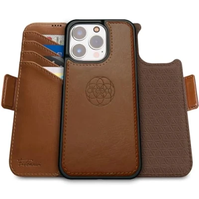 Image de dreem Fibonacci Compatible avec iPhone 15 Pro Max funda cartera / 2 en 1 étui Antichoc et Folio Amovible Cuir végétal, MagSafe, Protection RFID [Chocolat]
