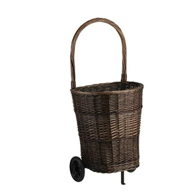 Image de e wicker24 Panier à bûches en osier buff et teinté, chariot de marché osier, support caddie roulettes, provisions (Ovale/brun)