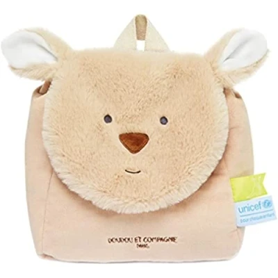 Image de Doudou et Compagnie Sac à Dos Kangourou UNICEF 20 x 10 Cm Fermeture Velcro Sangles Réglables Beige Idée Cadeau de Naissance Fille Garçon À Partir 18 Mois DC3833