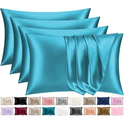Image de Pamposh Lot de 4 taies d&#039;oreiller en satin soie pour cheveux et peau, taille standard avec fermeture à rabat (bleu sarcelle, (50 x 75 cm)