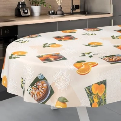 Image de ANRO Nappe en Toile cirée Lavable, pour Table de Jardin, extérieur et intérieur, Ovale, Bord coupé, Oranges, 200 x 140 cm