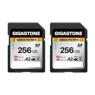 Image de GIGASTONE 256 Go Lot de 2 Carte SD, Camera Pro Max, Vitesse jusqu&#039;à 120/80 Mo/s, A2 U3 SDXC 4K Ultra HD UHD Video pour DSLR Canon, Nikon, Sony, Pentax, Kodak, Panasonic, avec Mini étuis.