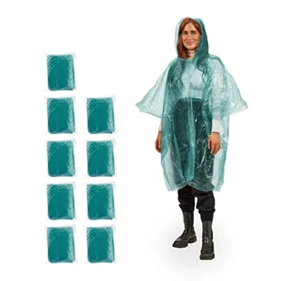 Image de Relaxdays Ponchos imperméables jetables, Lot de 10, ciré avec Capuche, Contre la Pluie, randonnée, Unisexe, Vert