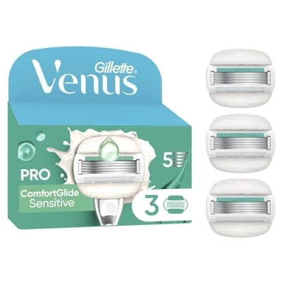 Image de Gillette Venus Lot De 3 Recharges Rasoir Pour Femmes Pro ComfortGlide Peaux Sensibles, AUTHENTIQUES, Cartouche A 5 Lames, Bande Lubrifiante Avec Aloe Vera, Soin La Peau Sèche Et Rasage Doux