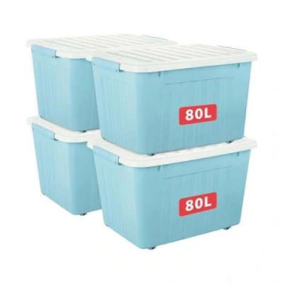 Image de Cetomo Lot de 4 boîtes rangement en plastique blanc avec couvercle durable et boucles verrouillage sécurisées, empilables emboîtables, 80 l x cm, boucle
