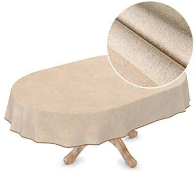 Image de ANRO Nappe en Toile cirée Lavable, Aspect Lin, Beige uni, Durable, Ovale, 180 x 140 cm