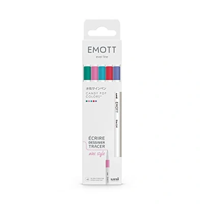 Image de Uni ball Emott Mitsubishi Pencil Pochette de 5 Feutres Candy Pop Colors Pour Écrire, Dessiner, Tracer avec Style ! Pointe Fine 0,4 mm Ultra Violet, Rose Clair, Corail, Bleu Vert