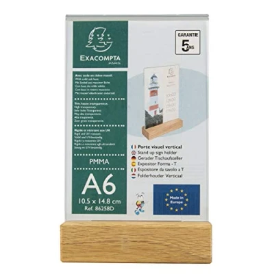 Image de Exacompta Réf. 86258D 1 Porte visuel avec socle en bois A6 vertical Dimensions 10,5 x 14,8 cm PMMA (acrylique) haute qualité très transparence Couleur cristal
