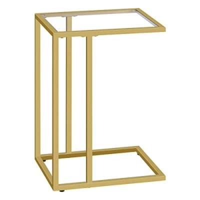 Image de HOOBRO Table d&#039;appoint en Forme de C, Verre trempé avec Cadre métal, d&#039;extrémité Fine pour Petit Espace, canapé et lit, Style Moderne, doré EGD03SF01G1