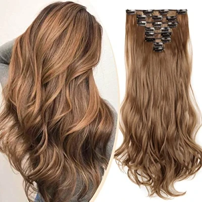Image de S noilite Full Clip tete dans les extensions de cheveux boucles Wavy frisé 8 Pcs 43cm 170g Brun clair