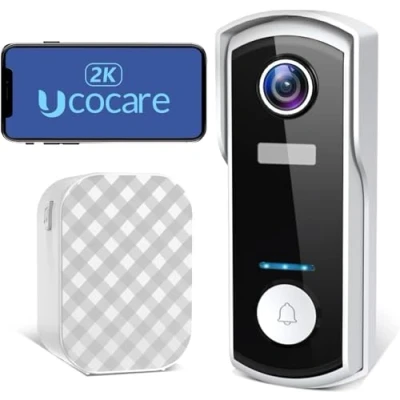 Image de UCOCARE 2K FHD Sonnette sans Fil avec Camera, Exterieur Etanche, Carillon Intérieur Gratuit, Détection Humaine AI, Sirène, Alarme Antivol, Autonomie de 120 Jours, IP67 Étanche