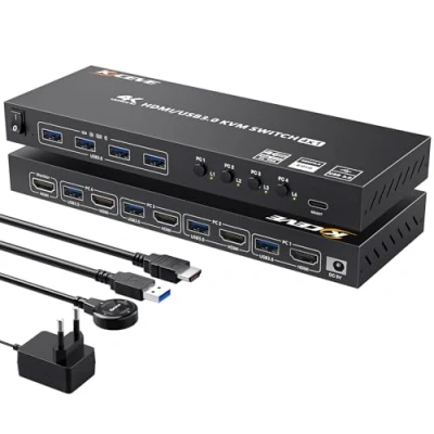 Image de commutateur KVM HDMI 4 PC 1 moniteur 4K @ 60 Hz, émulateur EDID, USB 3.0 ports partage clavier, souris moniteur, Switch avec télécommande filaire et câbles +