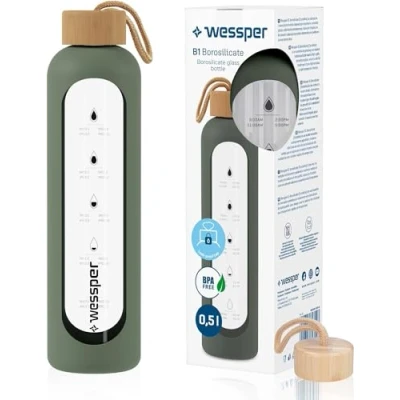 Image de Wessper Bouteille d&#039;eau en Verre, Verre 500ml, Borosilicate Gourde Motivation avec Bouchon Bambou et étui Silicone, Sans BPA Olive