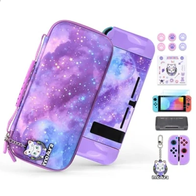 Image de Étui pour NS Switch, innoAura 14 en 1 Switch Set D&#039;accessoires avec Transport Sacoche Switch,NS Game Case, Housse Film de Protection D&#039;écran et Protège Pouce (Violette Voie Lactée)
