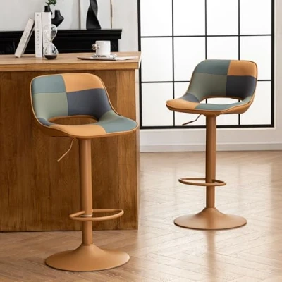 Image de YOUNIKE Tabouret de Bar Lot 2 Pivotant Style Patchwork Coloré Chaises à Hauteur Réglable, Rembourrage Doux, Tabourets Comptoir Dossier Creux, Chaise Haute pour Bar,Jaune Vert