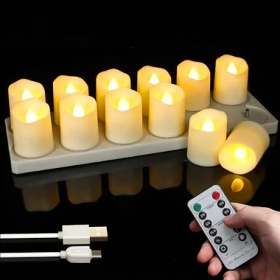 Image de FREEPOWER Lot de 12 bougies chauffe plat LED rechargeables avec station charge, câble USB et télécommande Fonction minuterie, scintillement en blanc chaud, Ø 4 x 4,5 cm