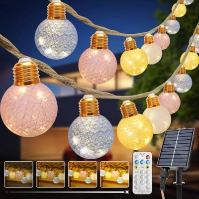 Image de Coomoors Guirlande Guinguette Extérieur 8M, Lumineuse Exterieure avec 16 LED Ampoules Boule de Coton, 8 Modes Solaire Lumières IP65 Etanche pour Jardin d&#039;été Patio Tente Mariage,Blanc Chaud