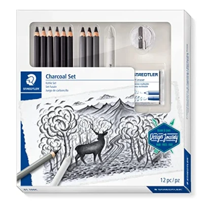 Image de Staedtler Mars Lumograph, Coffret charbon et fusain pour beaux arts, Inclus crayons enrichis en carbone, fusains, estompe, gomme mie de pain taille crayon, 61 100C