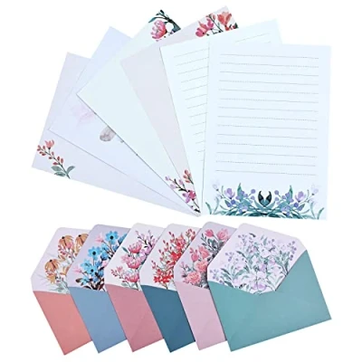 Image de Lot de 24 feuilles papier à lettre avec 12 enveloppes, papeterie et motif floral unique enveloppes lignées pour cadeaux d&#039;invitation (6 ensembles)