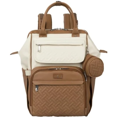 Image de BabbleRoo Grand sac à dos langer multifonctionnel en cuir végétalien avec matelas langer, sangles de poussette et porte tétine pour bébé, voyage unisexe mamans papas, crème caramel