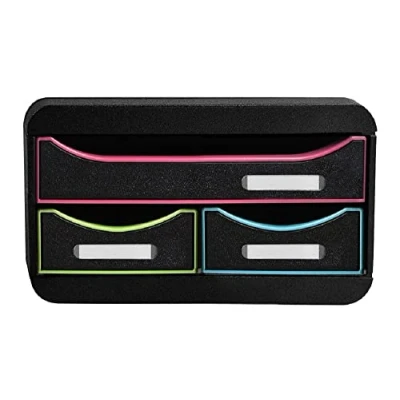 Image de Exacompta Réf. 311914D SMALL BOX MINI 3 tiroirs 1 tiroir pour documents au format A4+ 2 fins les petits ustensiles dimensions 347 x 278 130 mm Noir/arlequin/noir