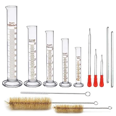 Image de Éprouvette Graduée, JESSTOLO 13 Accessoires pour Laboratoire avec 5 Cylindre Graduées en Verre 5ml/10ml/25ml/50ml/100ml, 3 Brosses de Nettoyage, Pipettes et 2 Agitateurs