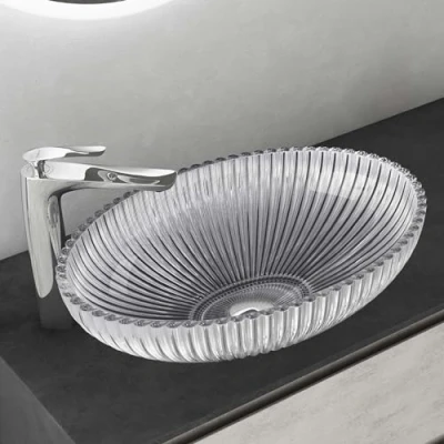 Image de Mai &amp; Lavabo à Poser en Verre Lave Mains Vasque Ovale Transparent pour Salle de Bain WC d&#039;Invités 50,5x35x14,5 cm Min04